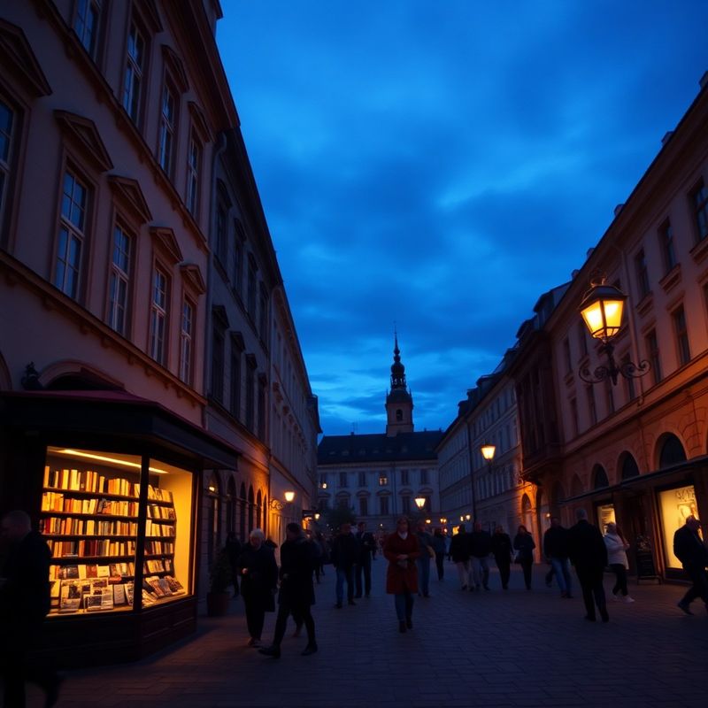 Večerní pohled na české městské náměstí s indigově modrou oblohou